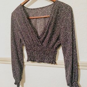 Polka Dot Long Sleeve Crop Blouse